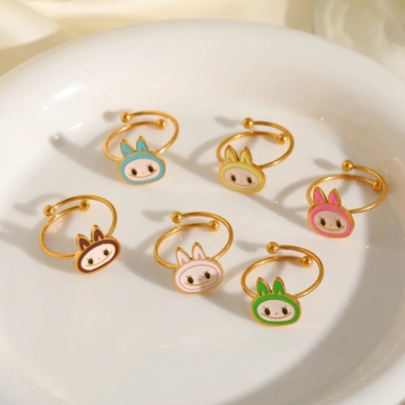 18K Gold Plated Light Yellow Enamel Labubu Theme Ring No Fade Zimomo The Monster - Picture 2 of 4